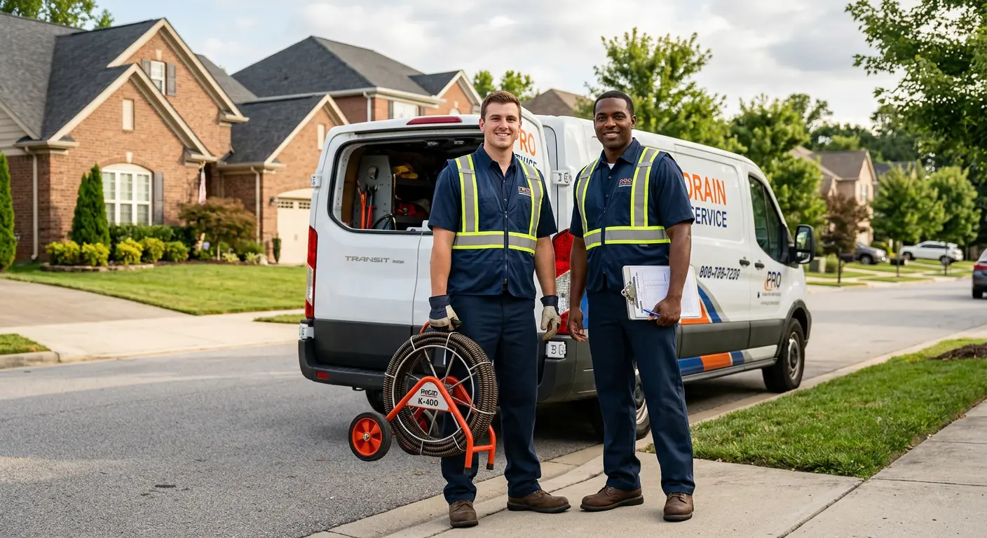 Sewer and drain service team with equipment ready for work in Plainview