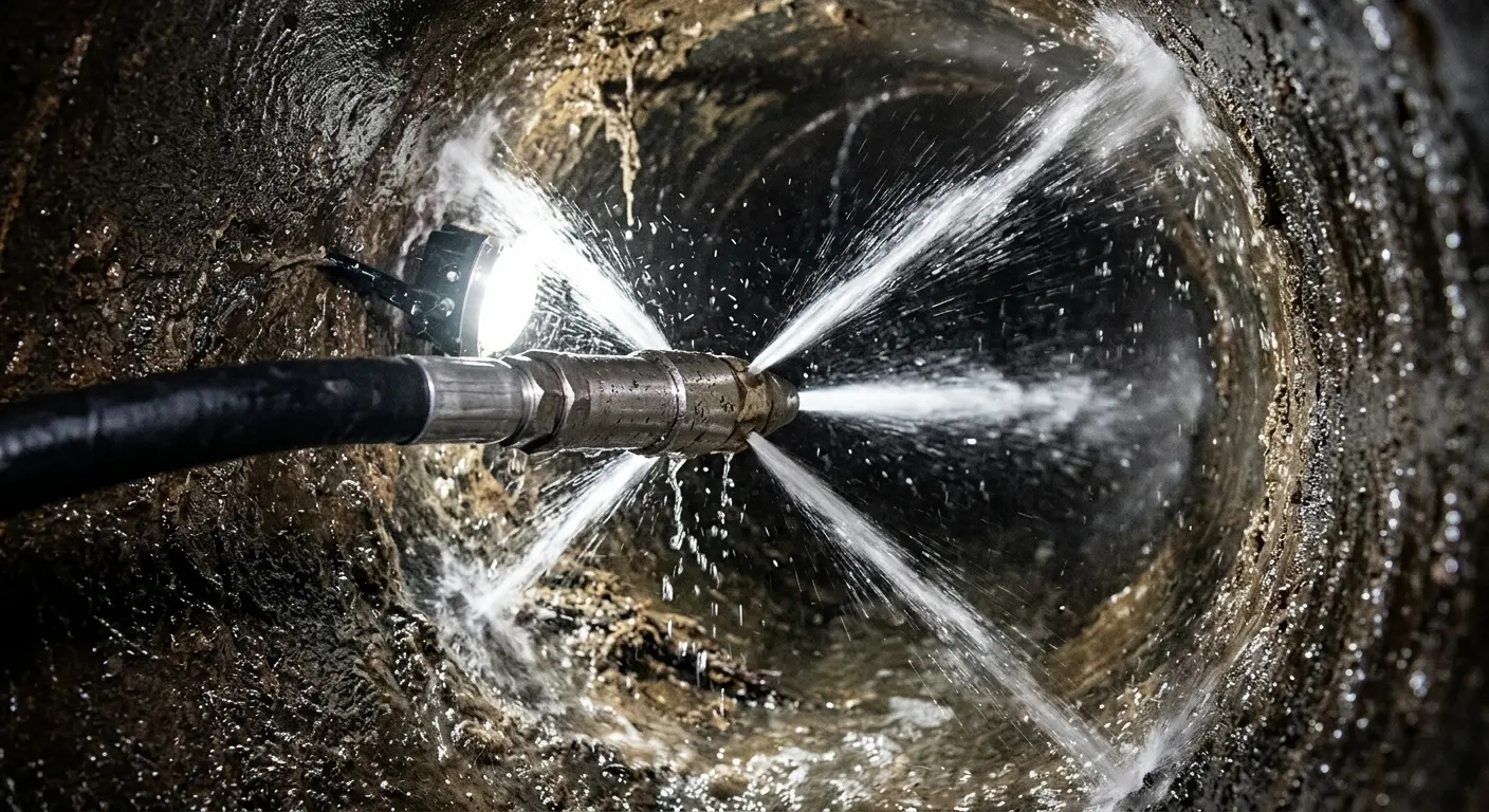 High-pressure hydro jetting nozzle cleaning sewer pipe for Storm Drain Cleaning in Plainview