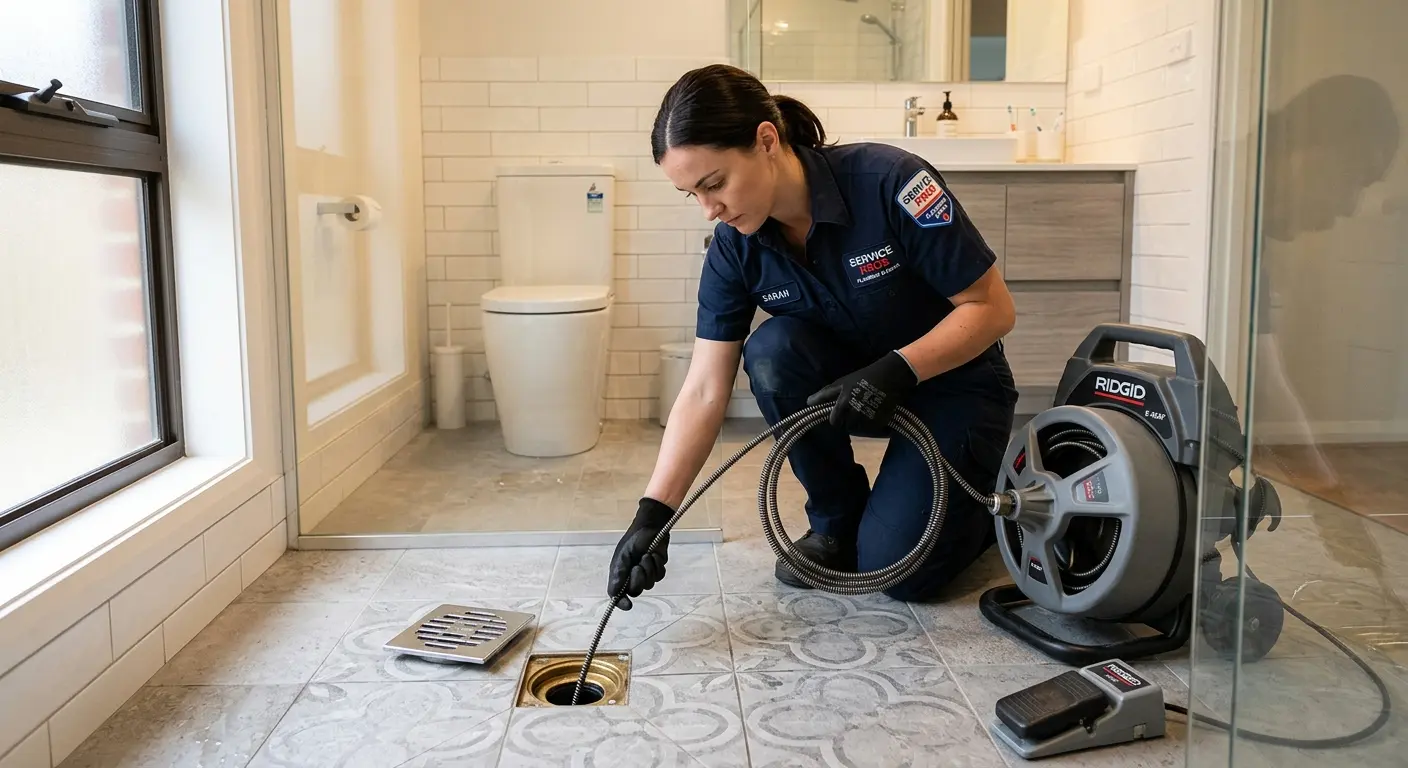 Technician clearing a bathroom floor drain for Clogged Drain Repair in Plainview